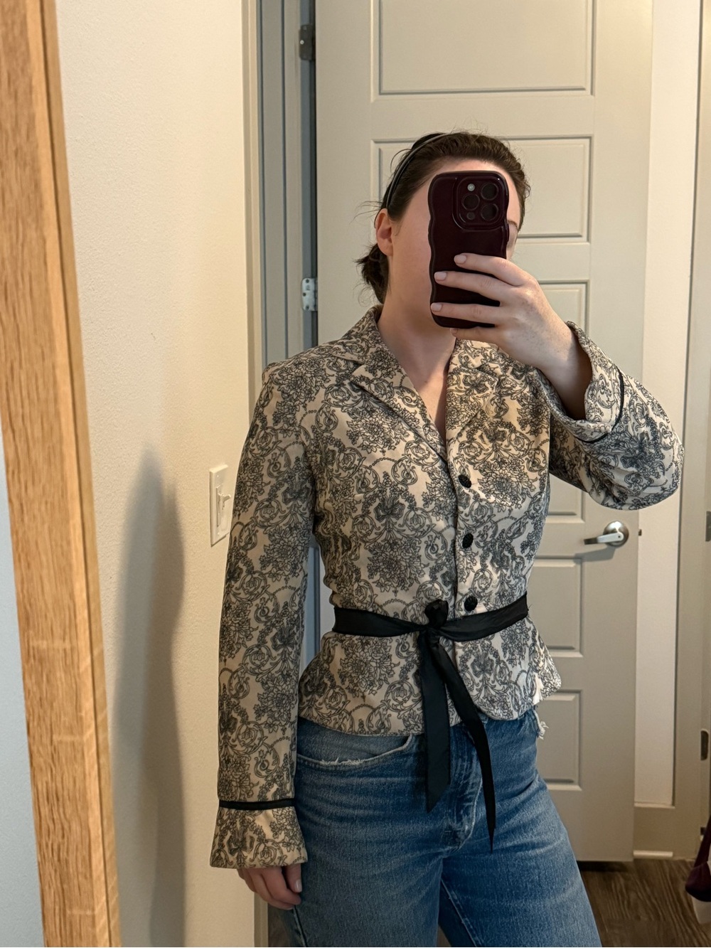 Kay Unger Cream and Black Printed Blazer Jacket
